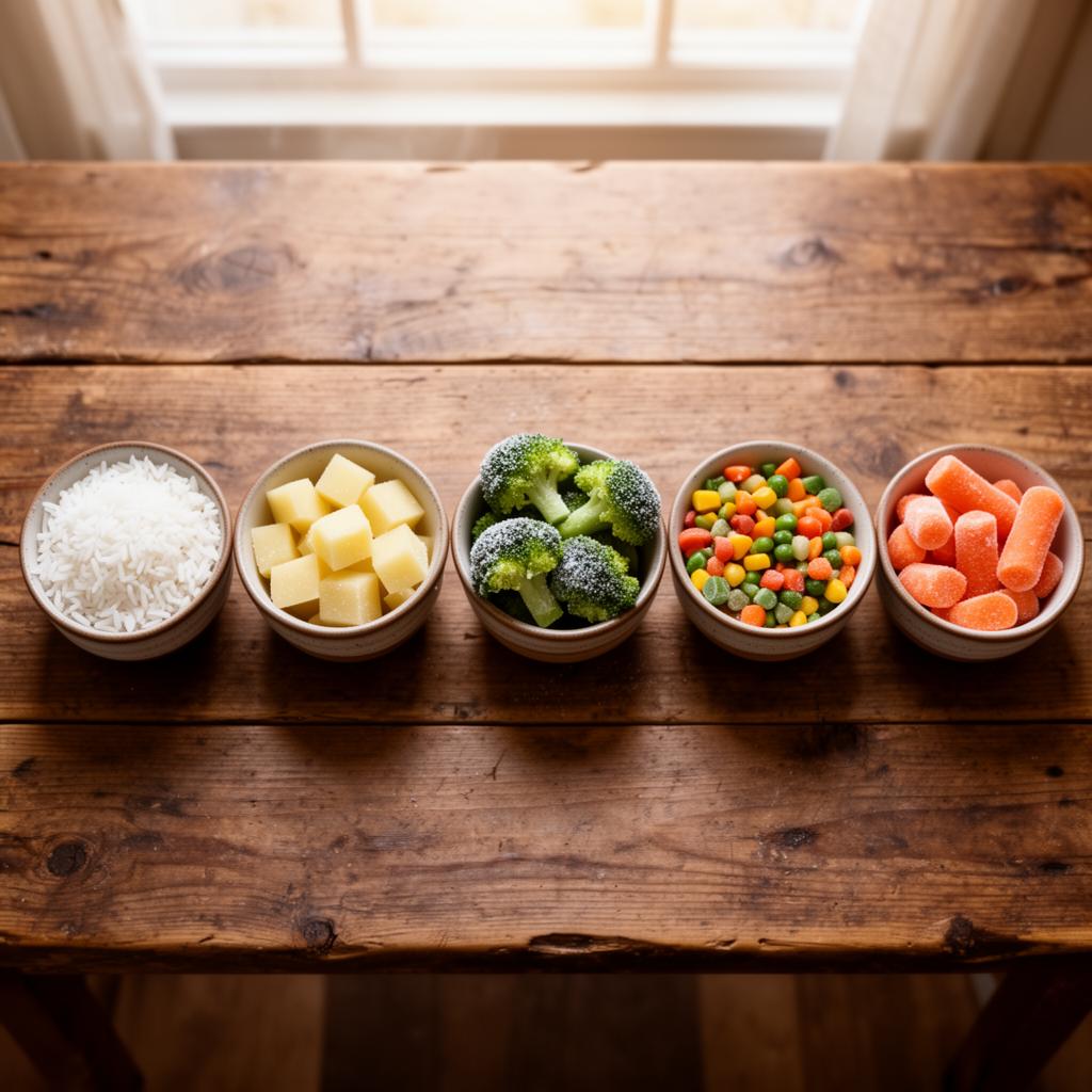 Use frozen rice, potatoes, & vegetables